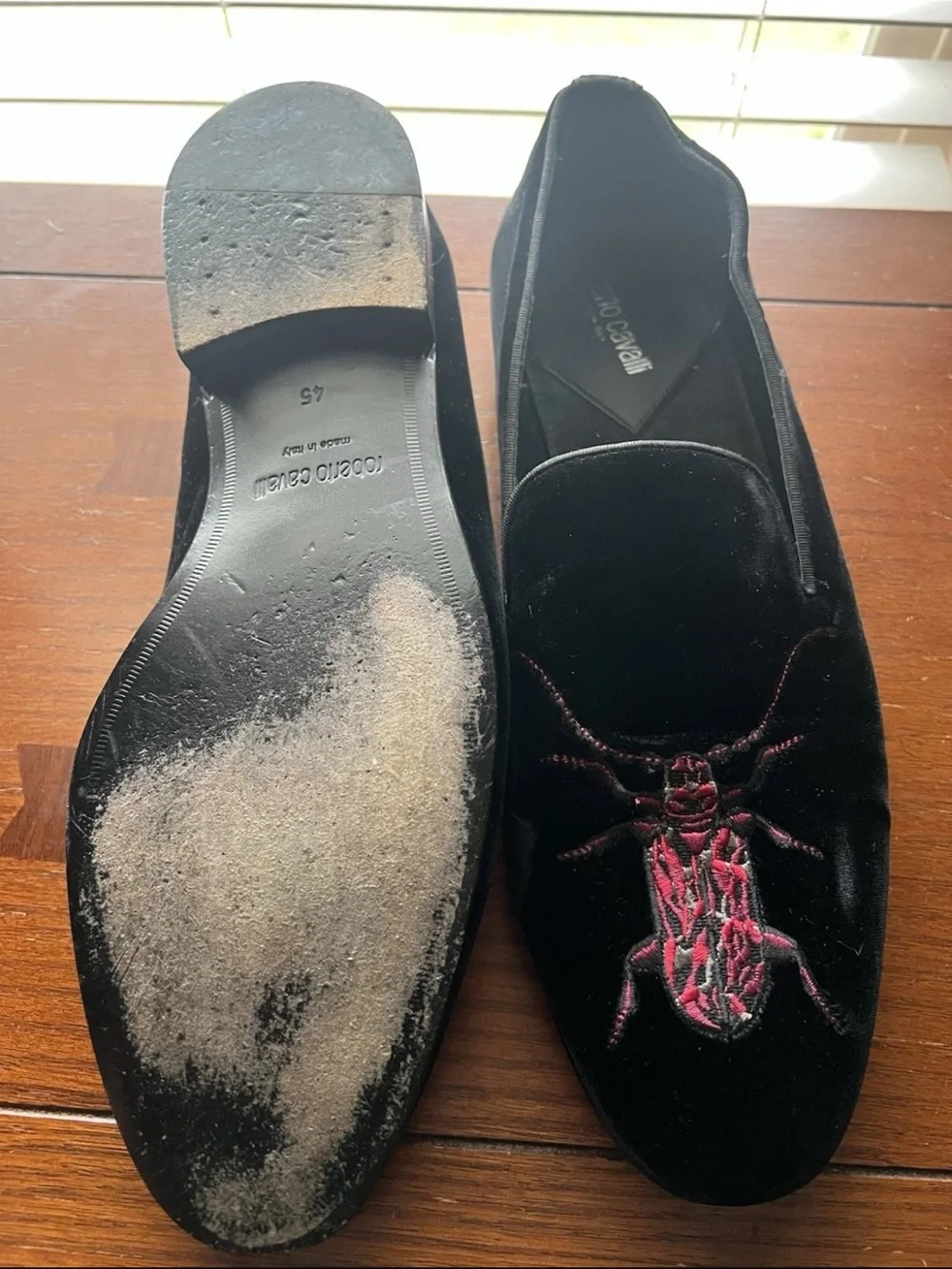 Roberto Cavalli Men Black Velvet Beetle Loafers Embroidered Size 45 EU-12 US